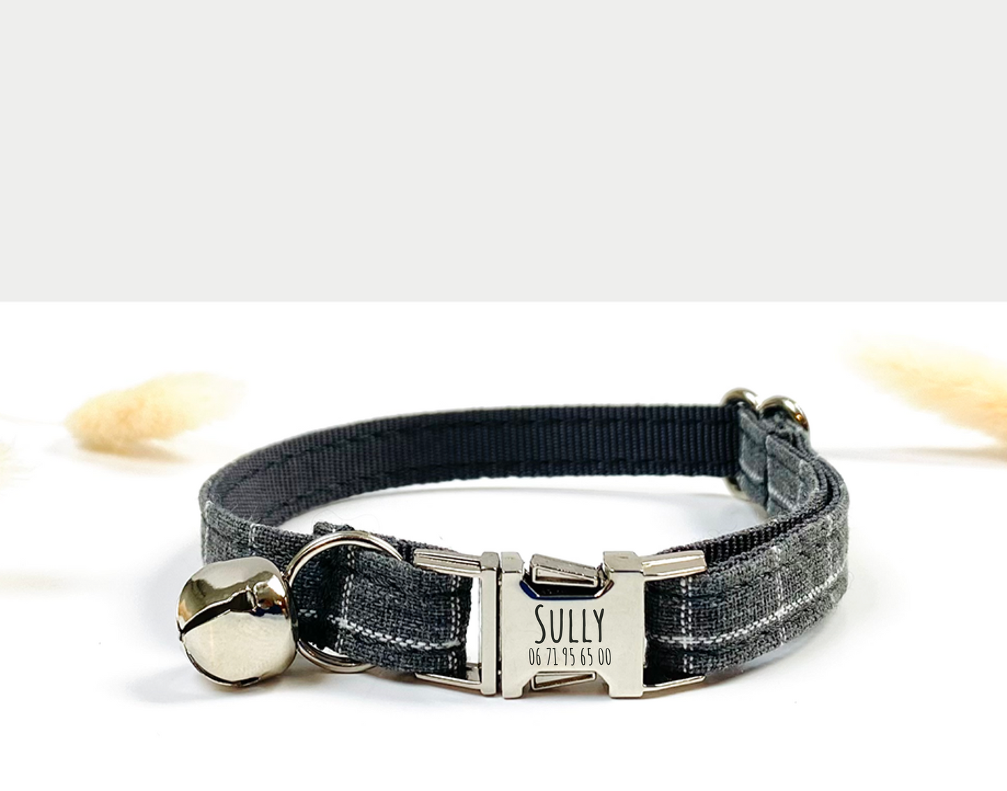 Collier Chat Personnalisé Coton Carreaux Gris
