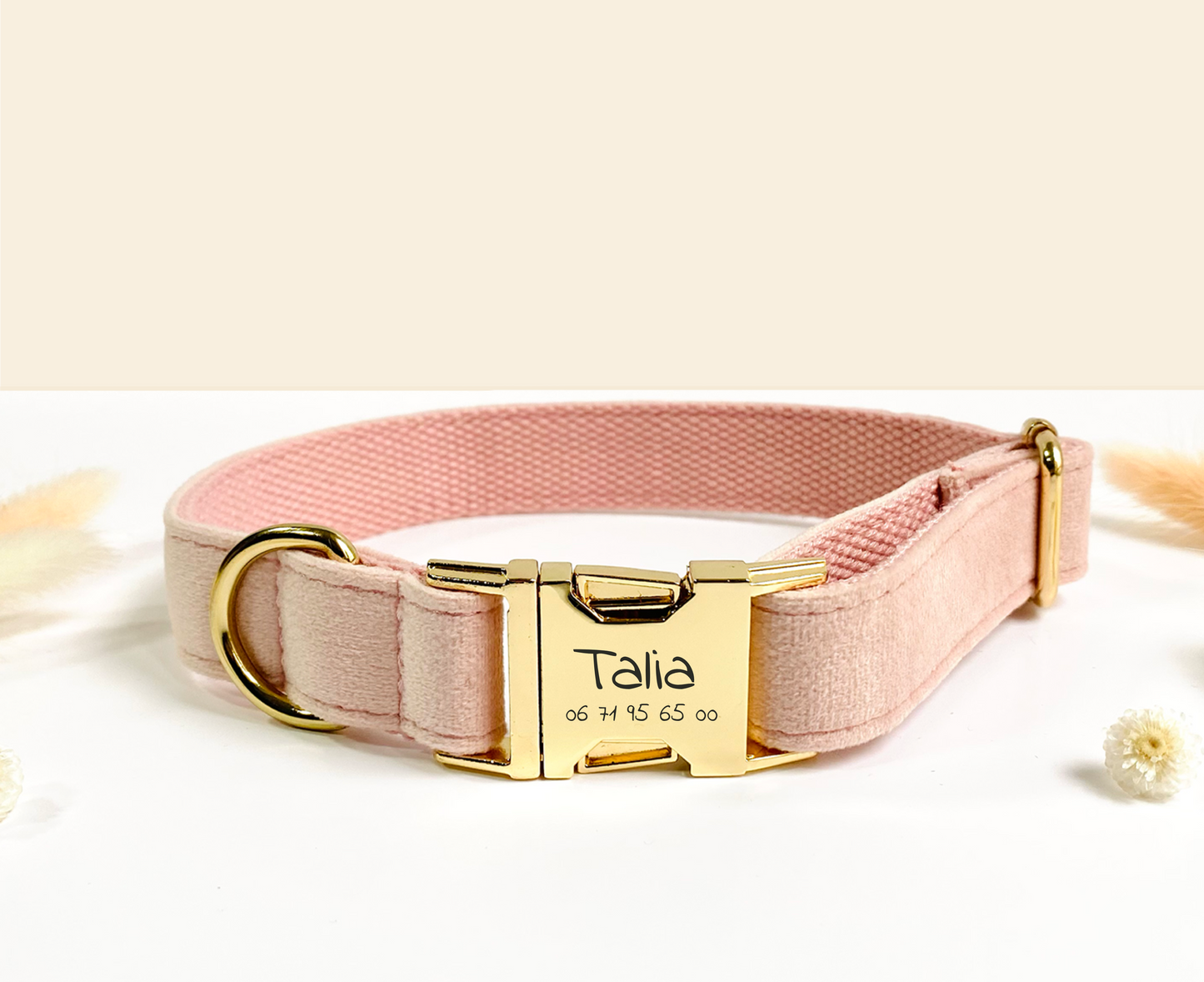 Collier Chien Personnalisé Velours Lisse Rose