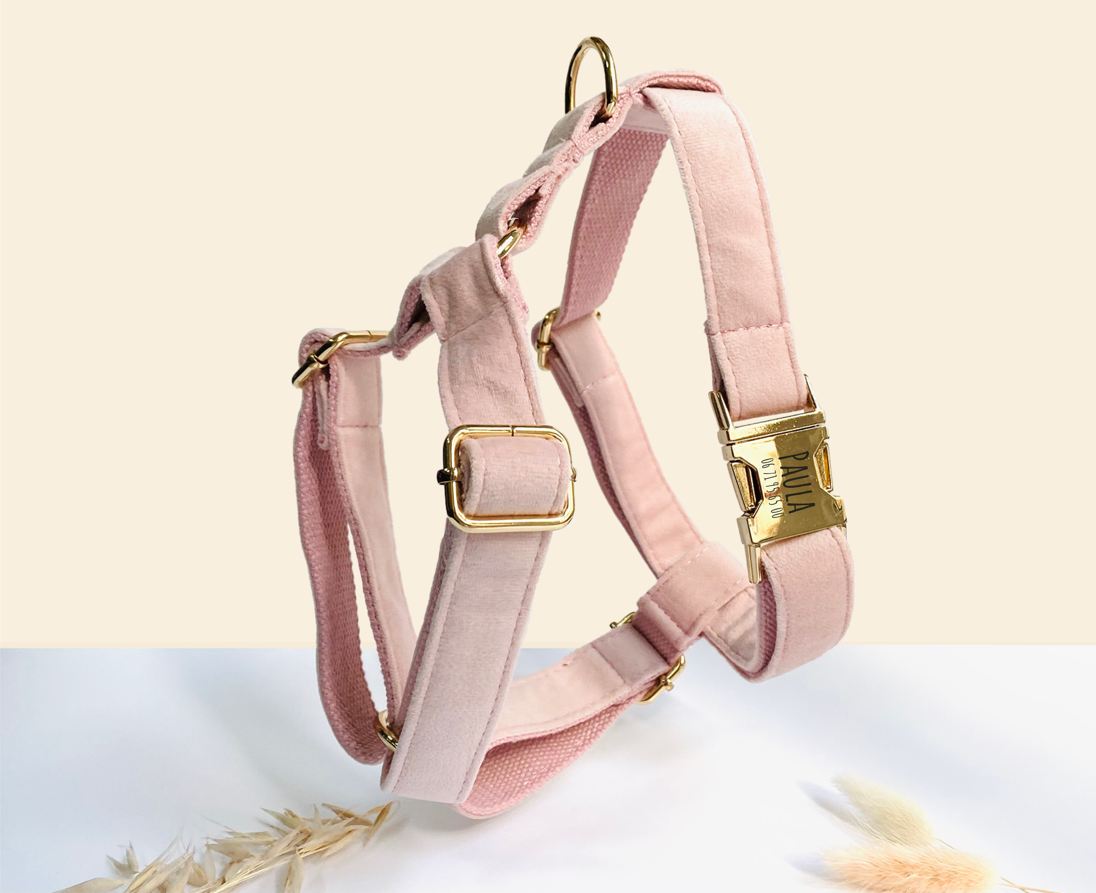 Harnais Chien Personnalisé Velours Lisse Rose – Bande de Canailles