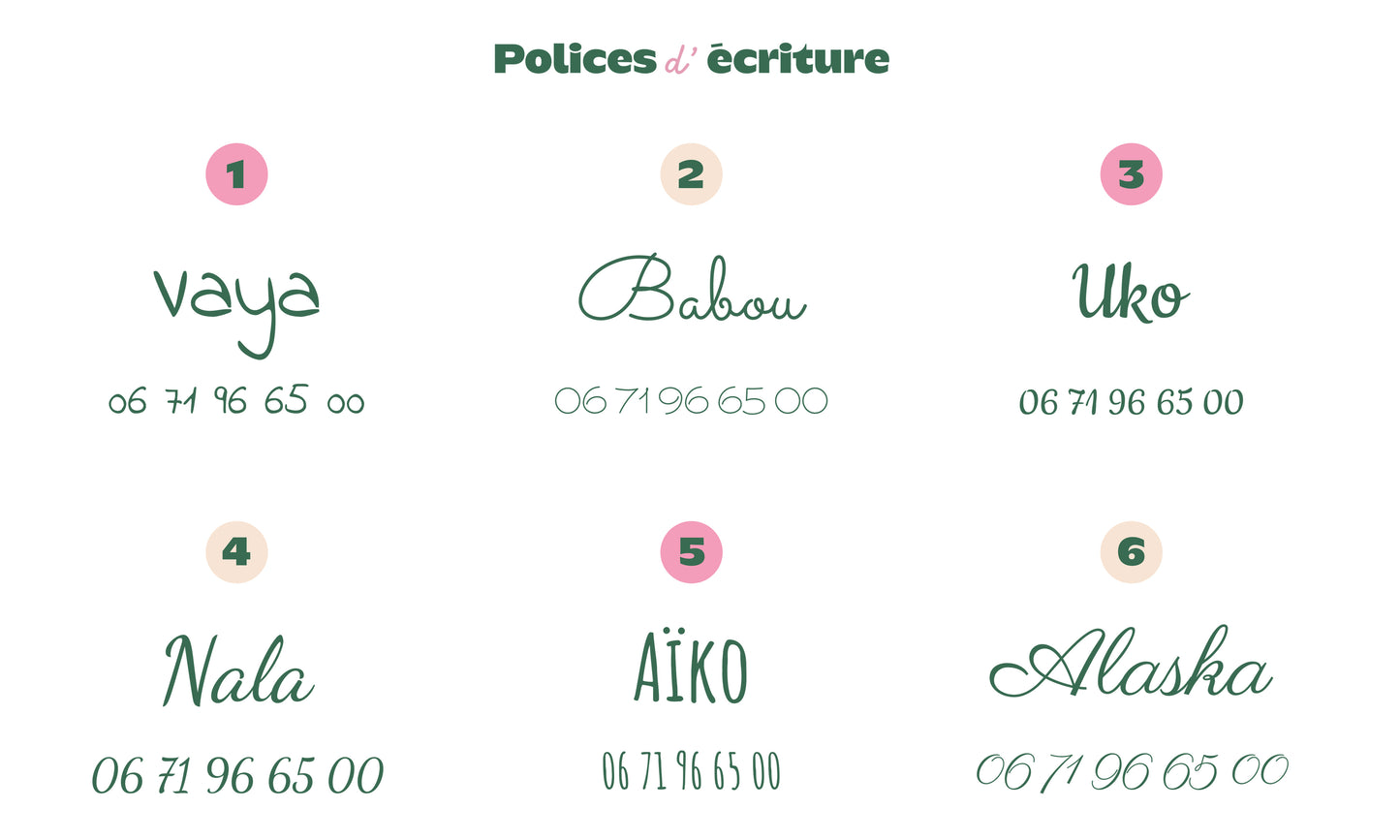 Affiche “Polices d’écriture” avec six modèles de noms en différentes polices et numéros de téléphone sous chaque nom.
