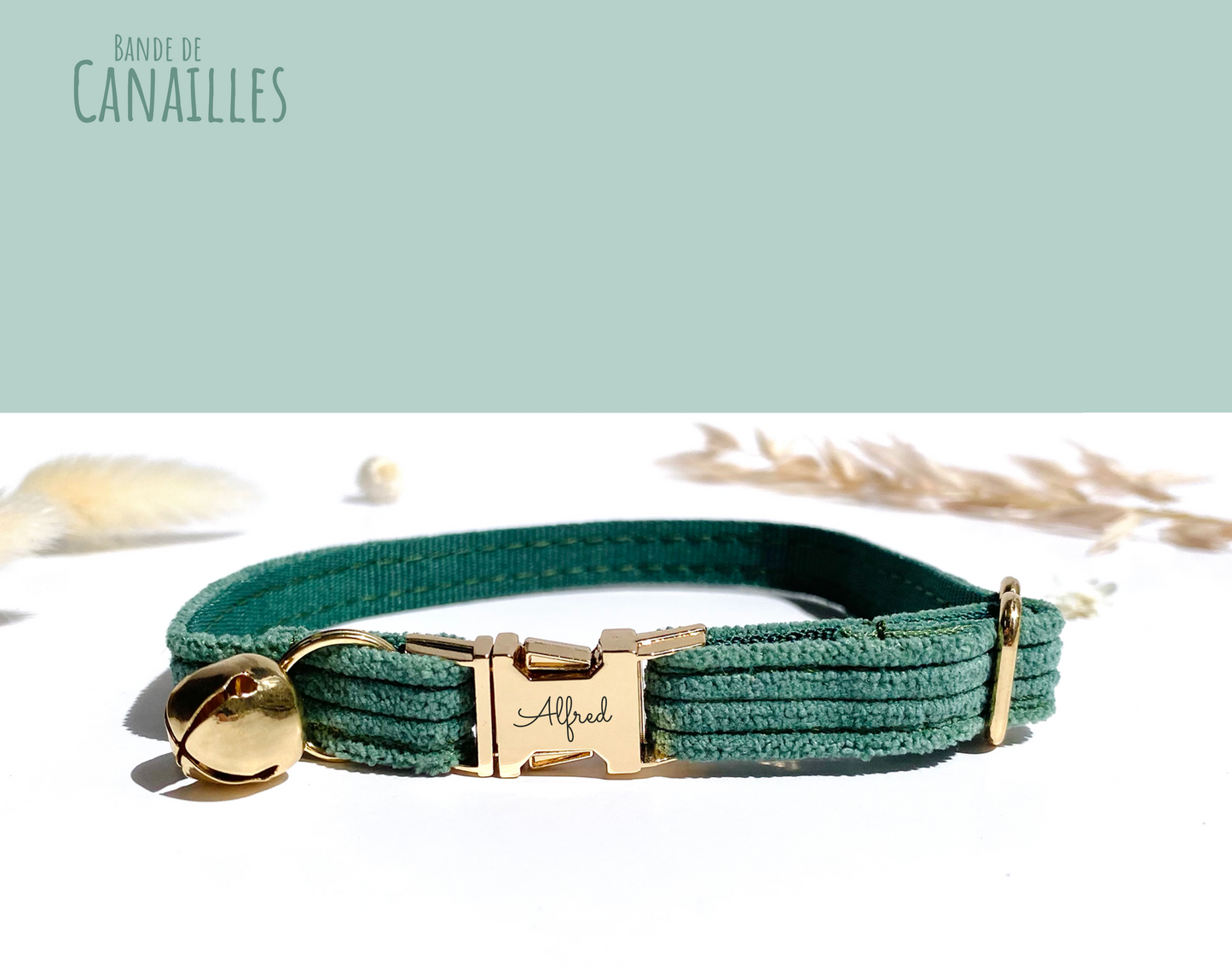 Collier Chat Personnalisé Velours Côtelé Vert