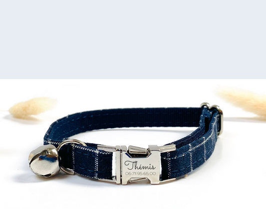 Collier Chat Personnalisé Coton Carreaux Bleu Marine