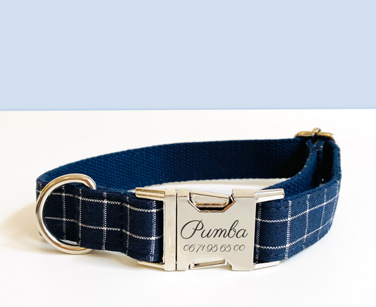 Collier Chien Personnalisé Coton Carreaux Bleu Marine