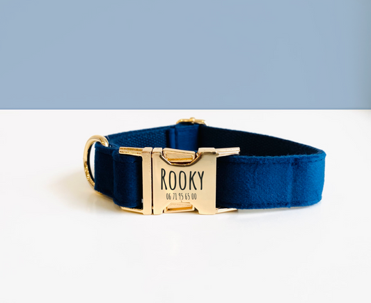 Collier Chien Personnalisé Velours Lisse Bleu Marine