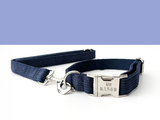 Laisse Chien Velours Côtelé Bleu Marine