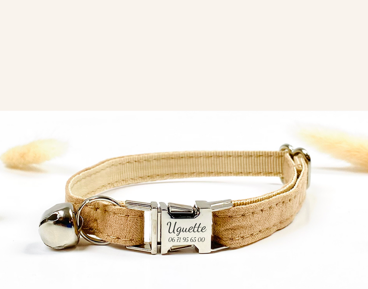 Collier personnalisé pour chat en coton beige