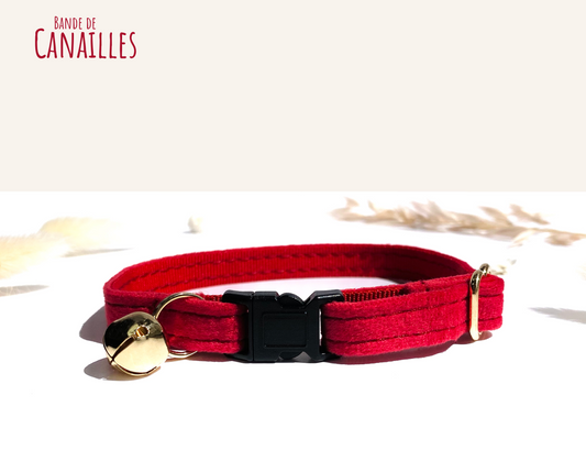 Collier Chat Anti-Étranglement Velours Lisse Rouge