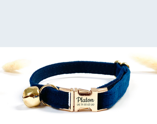 Collier Chat Personnalisé Velours Lisse Bleu Marine