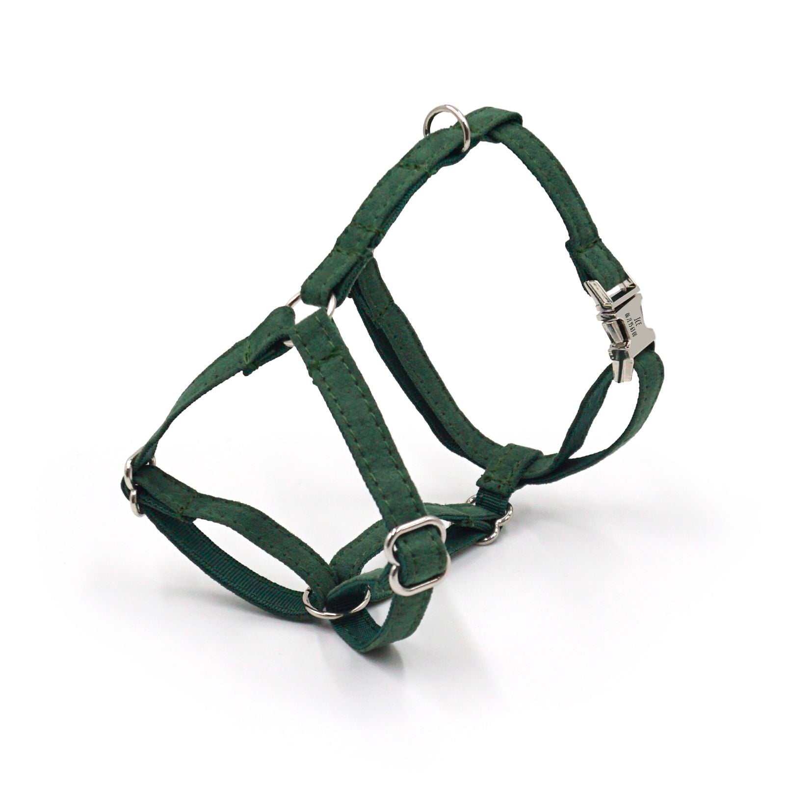 Harnais chat personnalisable en coton vert sapin avec boucles métalliques et anneaux argentés.