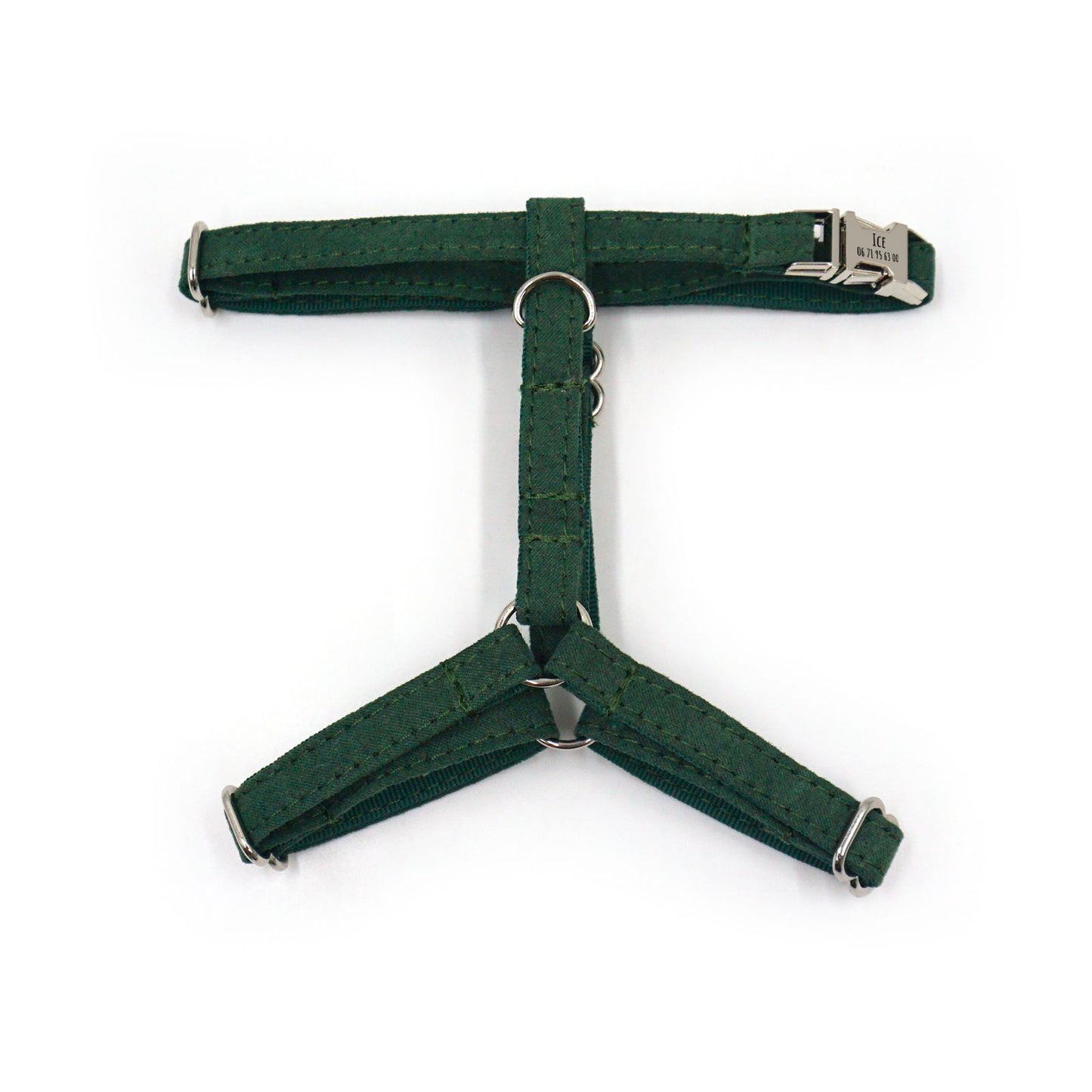 Harnais chat personnalisable coton vert sapin, forme en T avec trois sangles triangulaires et boucles métalliques.