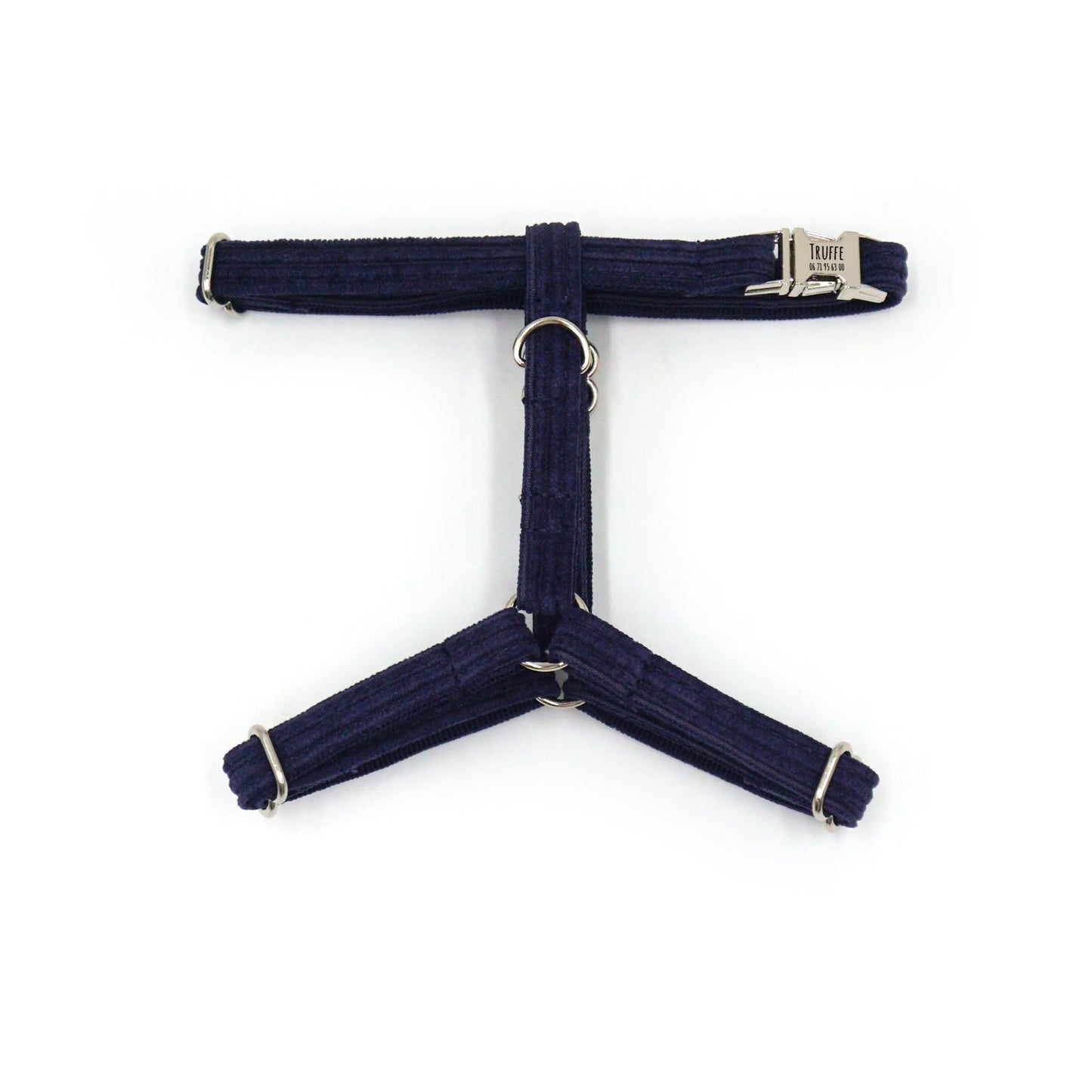 Harnais chat personnalisable en velours côtelé bleu marine, forme T avec anneaux métalliques et attache réglable.