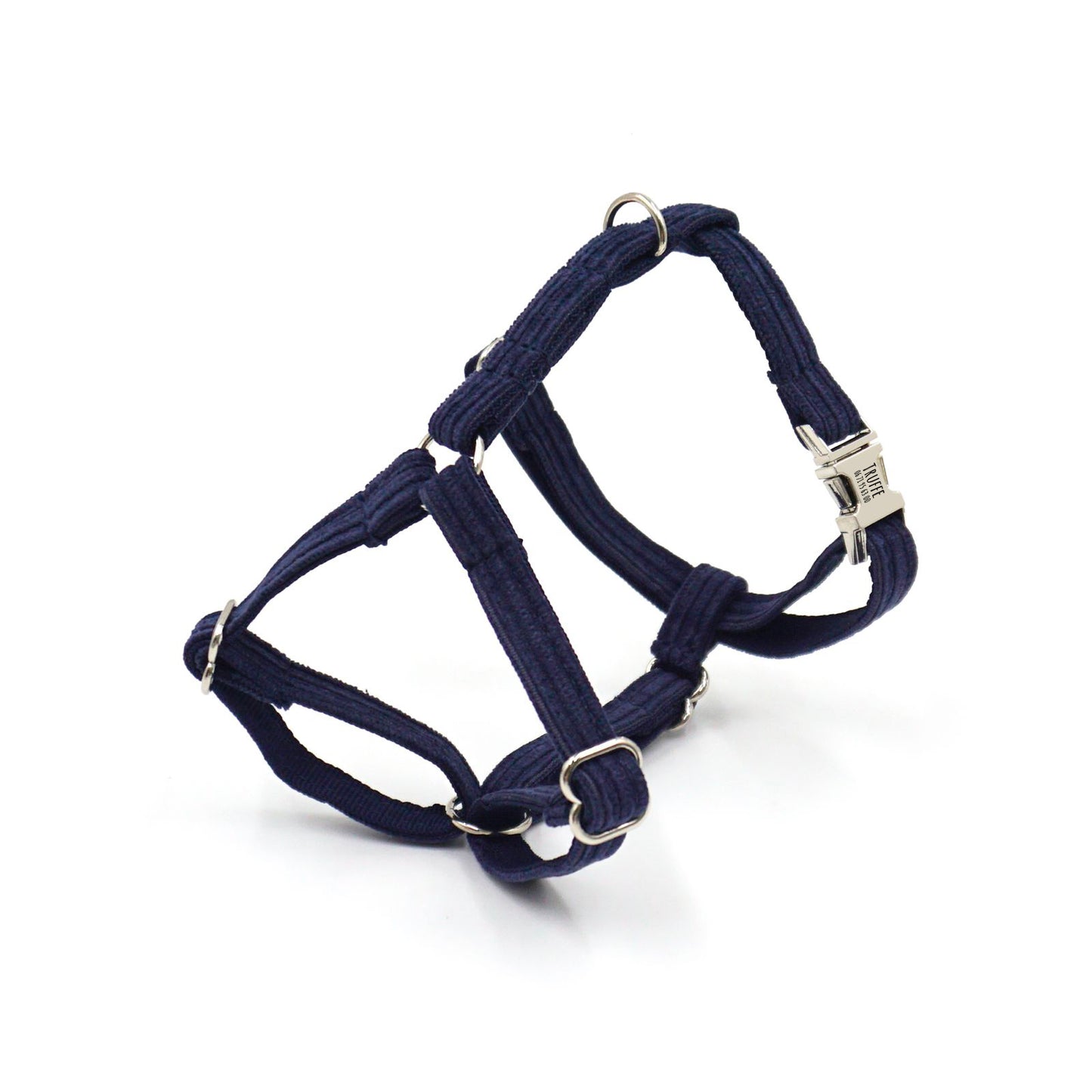 Harnais chat personnalisé Velours côtelé bleu marine, réglable avec boucles en métal et jauges de sécurité.