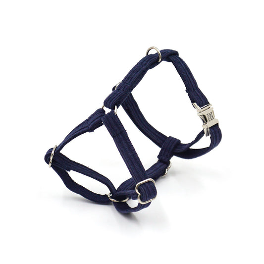 Harnais chat personnalisé Velours côtelé bleu marine, réglable avec boucles en métal et jauges de sécurité.