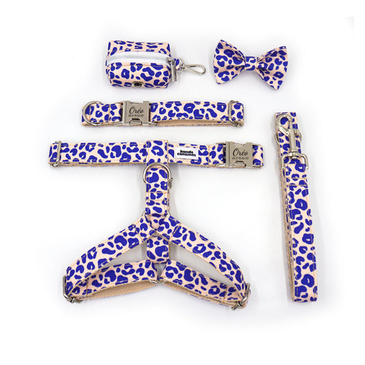Kit complet personnalisé pour chien coton léopard bleu: harnais, collier, laisse, sac à propreté et nœud papillon assortis.