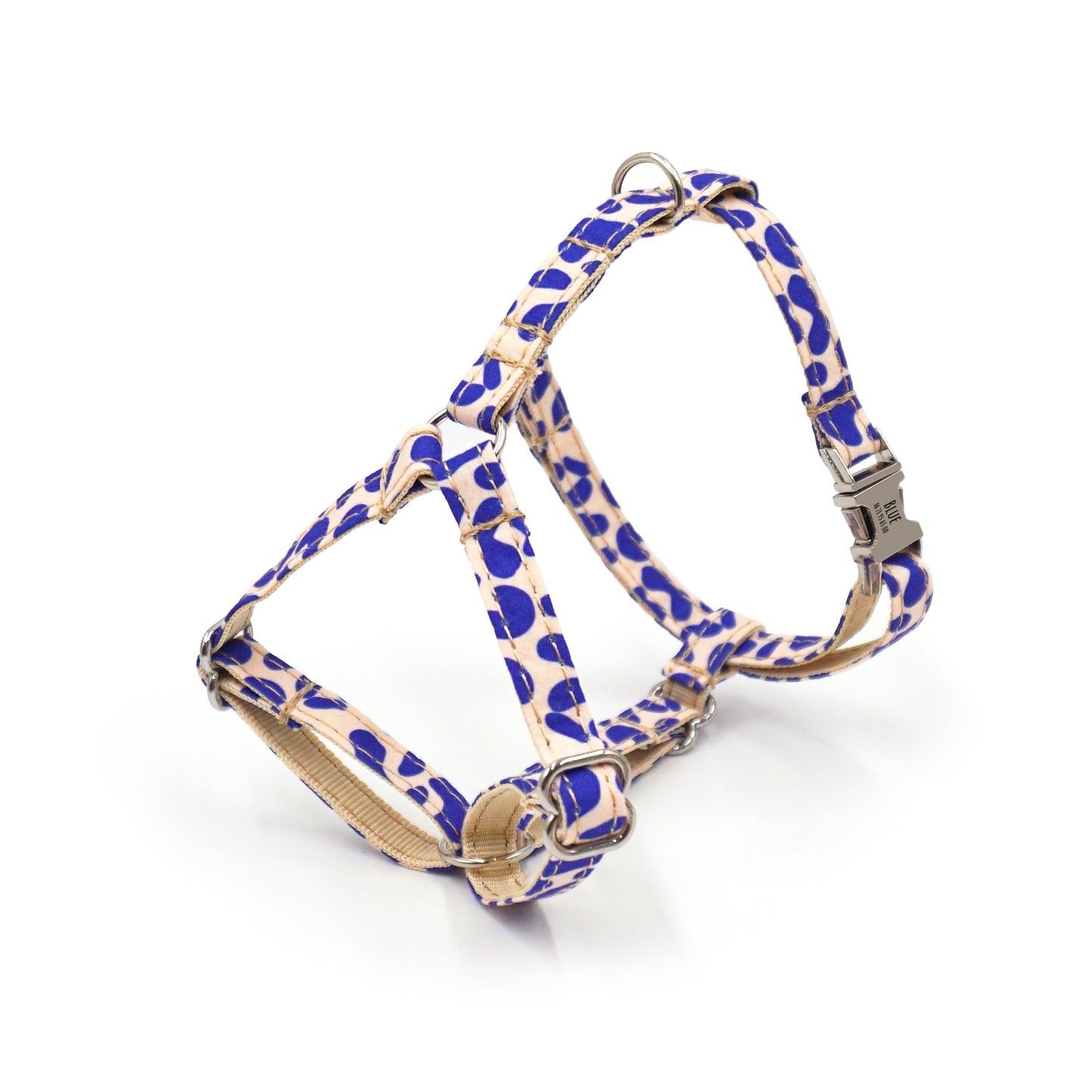 Harnais chat personnalisé coton léopard bleu, collier et harnais réglables, mousquetons argentés, motif léopard bleu.
