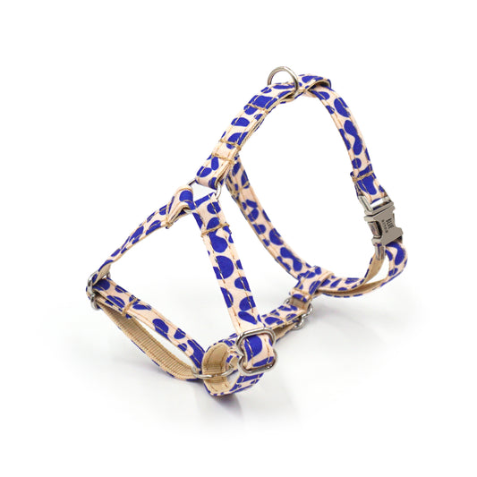 Harnais chat personnalisé coton léopard bleu, collier et harnais réglables, mousquetons argentés, motif léopard bleu.