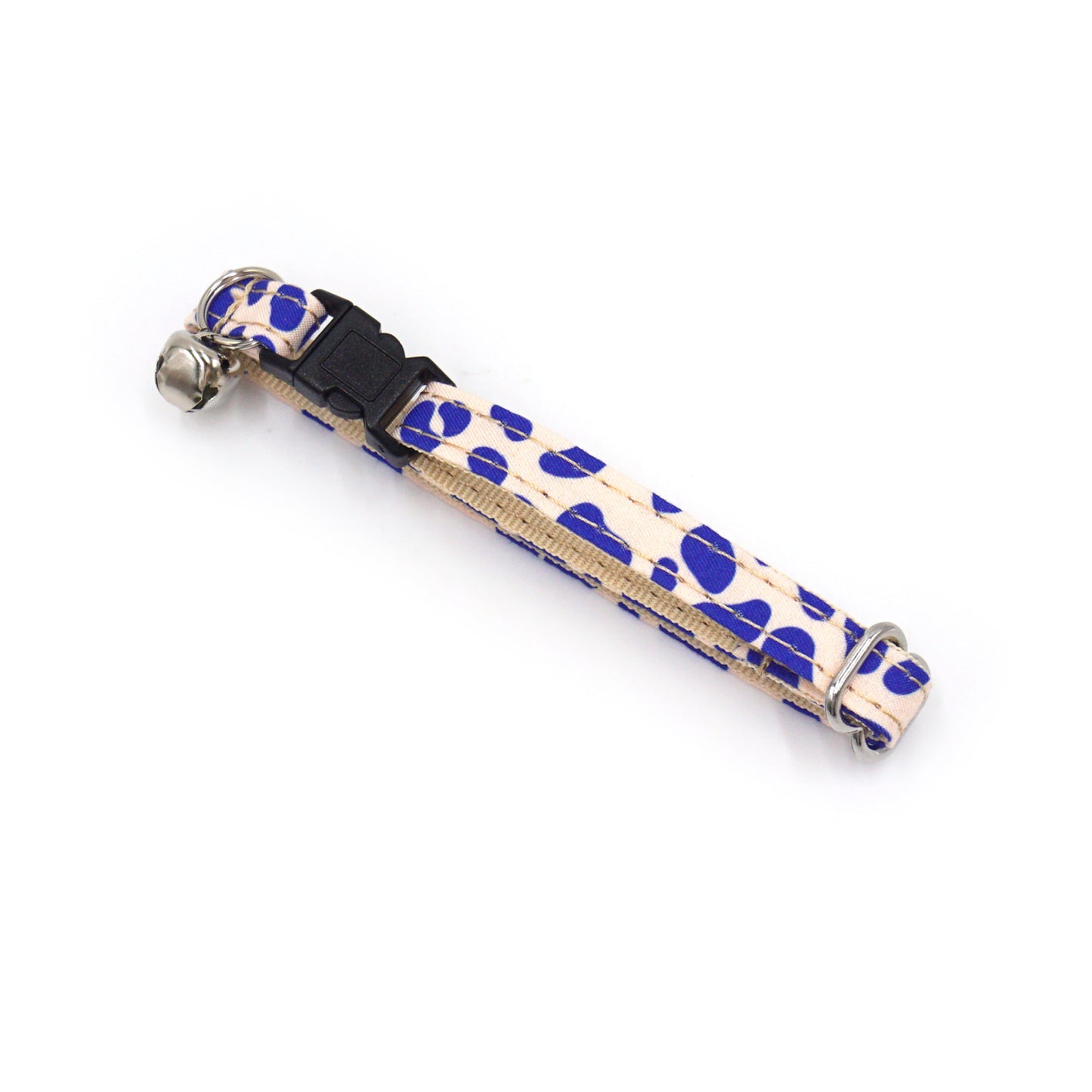 Collier anti-étranglement pour chat en coton Léopard bleu avec boule et attache métallique, fermeture ajustable.