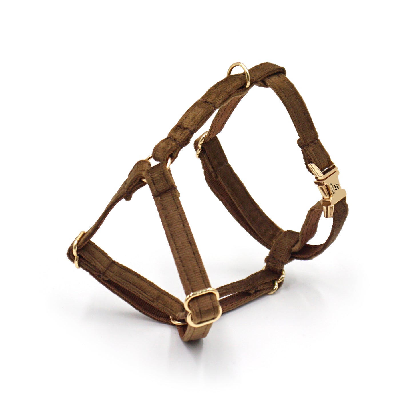 Harnais chat personnalisable en velours lisse marron avec boucles dorées et lanières ajustables.