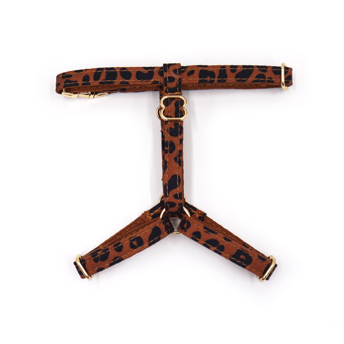 Harnais chat personnalisable coton léopard châtaigne avec attaches dorées et motif imprimé animalier.