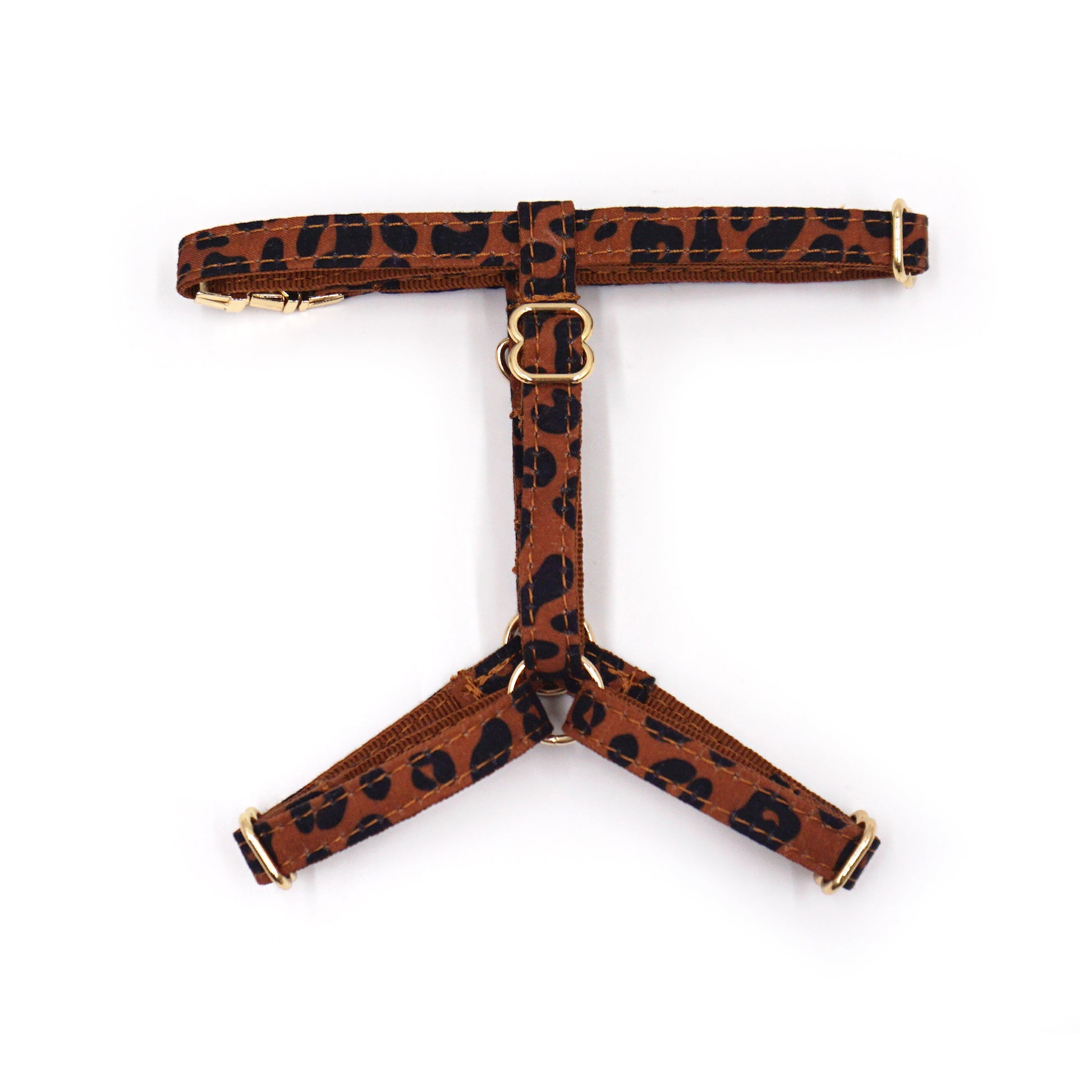 Harnais chat personnalisable coton léopard châtaigne avec attaches dorées et motif imprimé animalier.