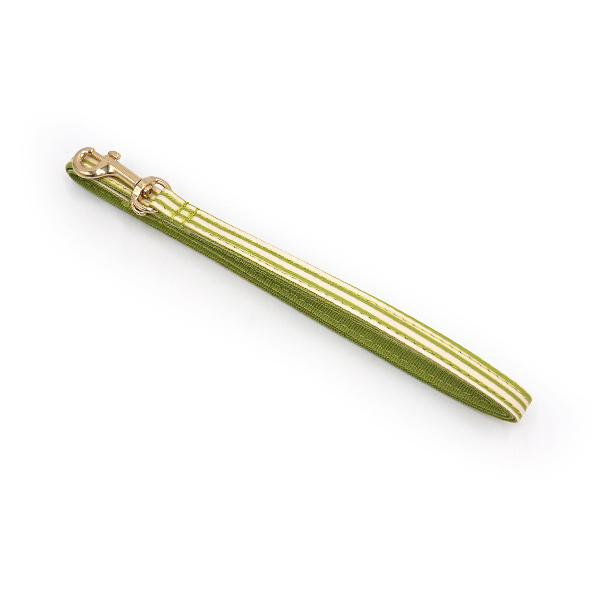 Laisse pour chat et chaton coton rayé vert, avec mousqueton doré au bout.