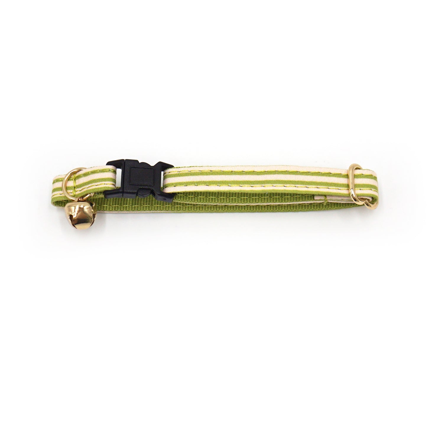 Collier chat anti-étranglement en coton vert rayé avec boucle noire et petit pendentif cloche dorée