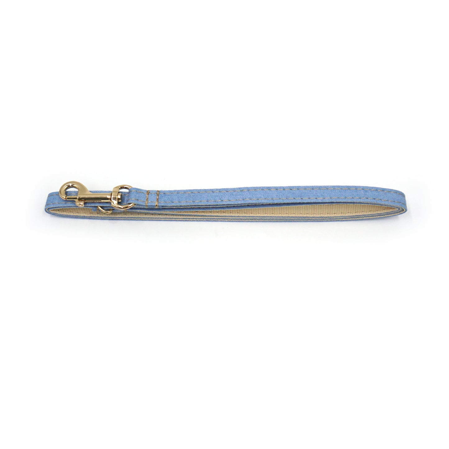 Laisse pour chat et chaton en coton bleu jean avec mousqueton doré métallique.