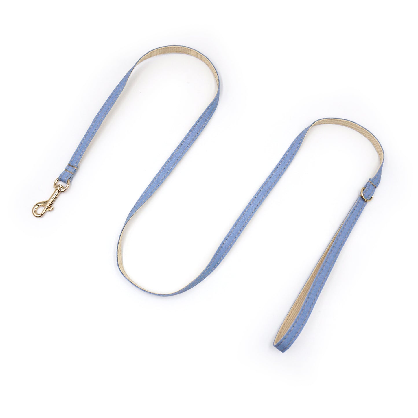 Laisse pour chat et chaton en coton bleu jean avec attaches dorées et intérieur beige.