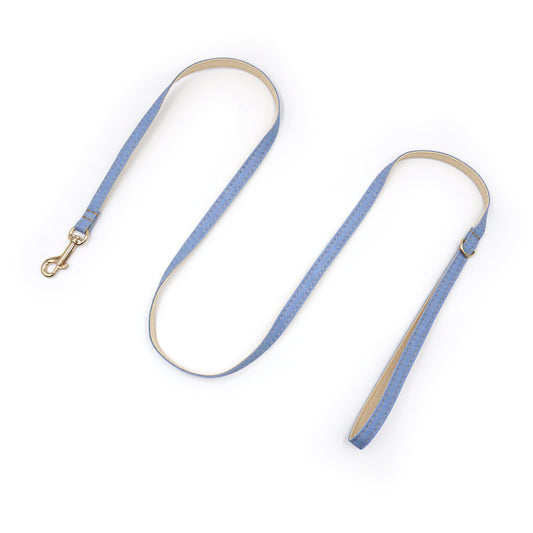 Laisse pour chat et chaton en coton bleu jean avec attaches dorées et intérieur beige.