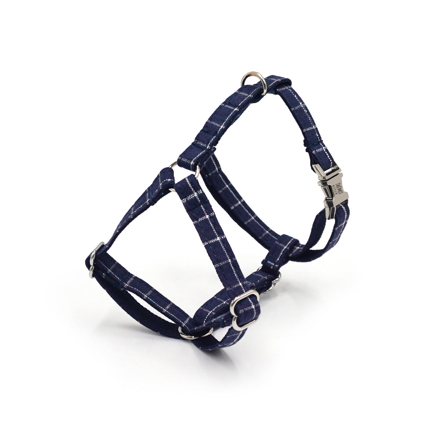 Harnais chat personnalisable en coton bleu marine à carreaux, avec fermetures argentées et poignée de D-rings.