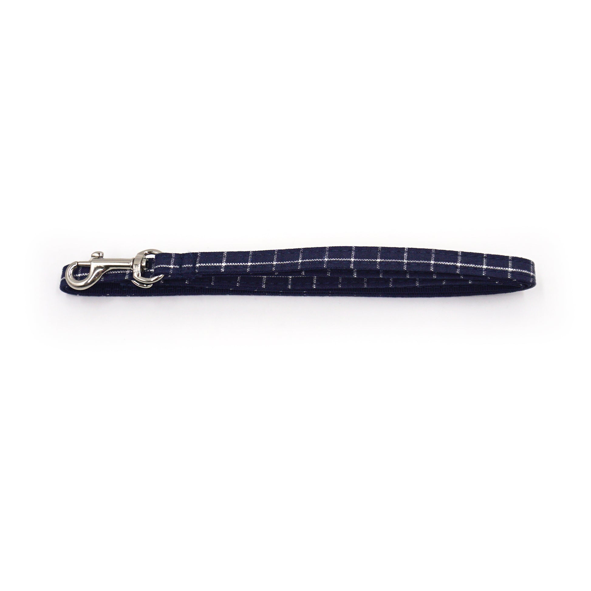 Laisse pour chat et chaton en coton bleu marine à carreaux, avec mousqueton argenté.