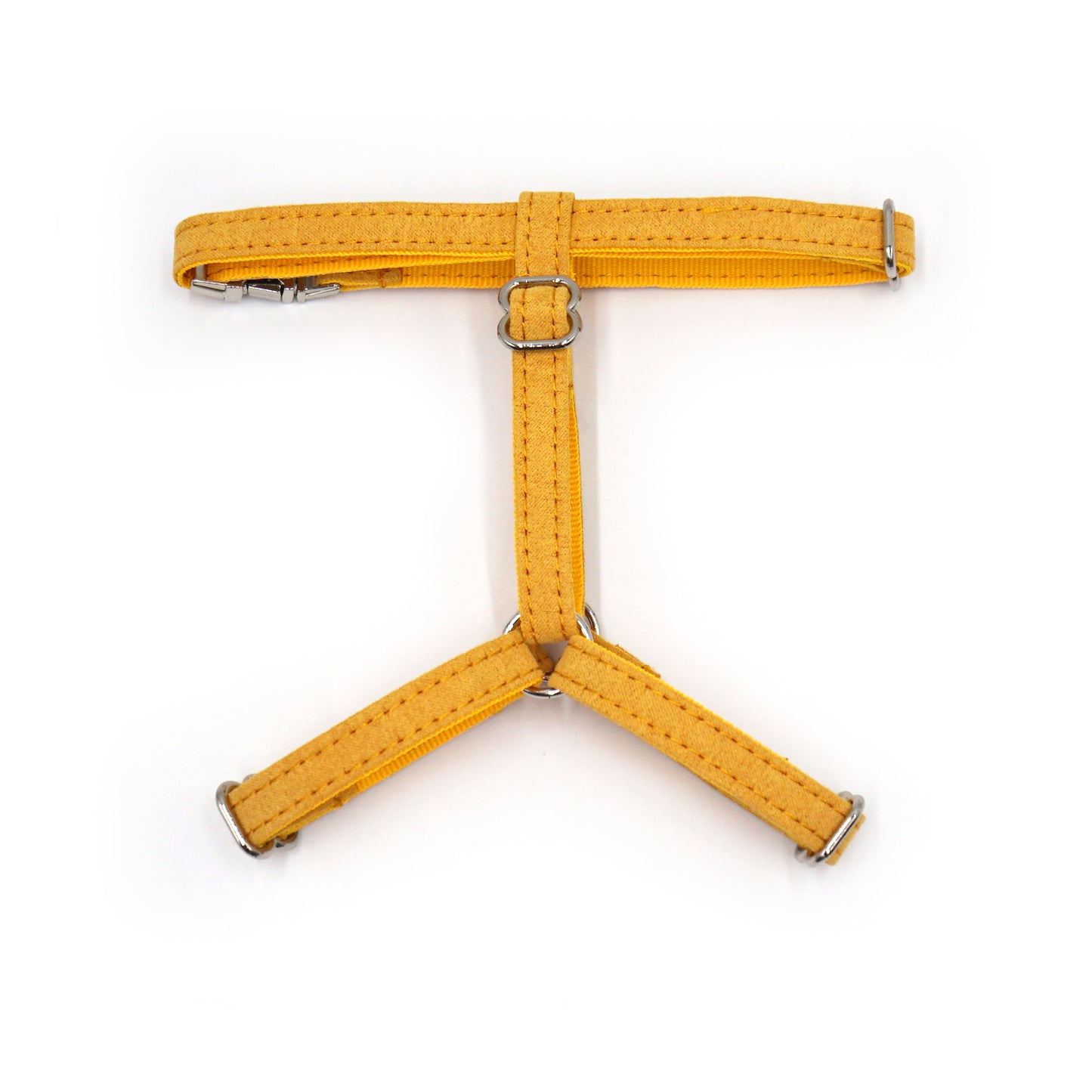 Harnais chat personnalisable en coton jaune, forme en T avec sangles croisées et boucles métalliques.