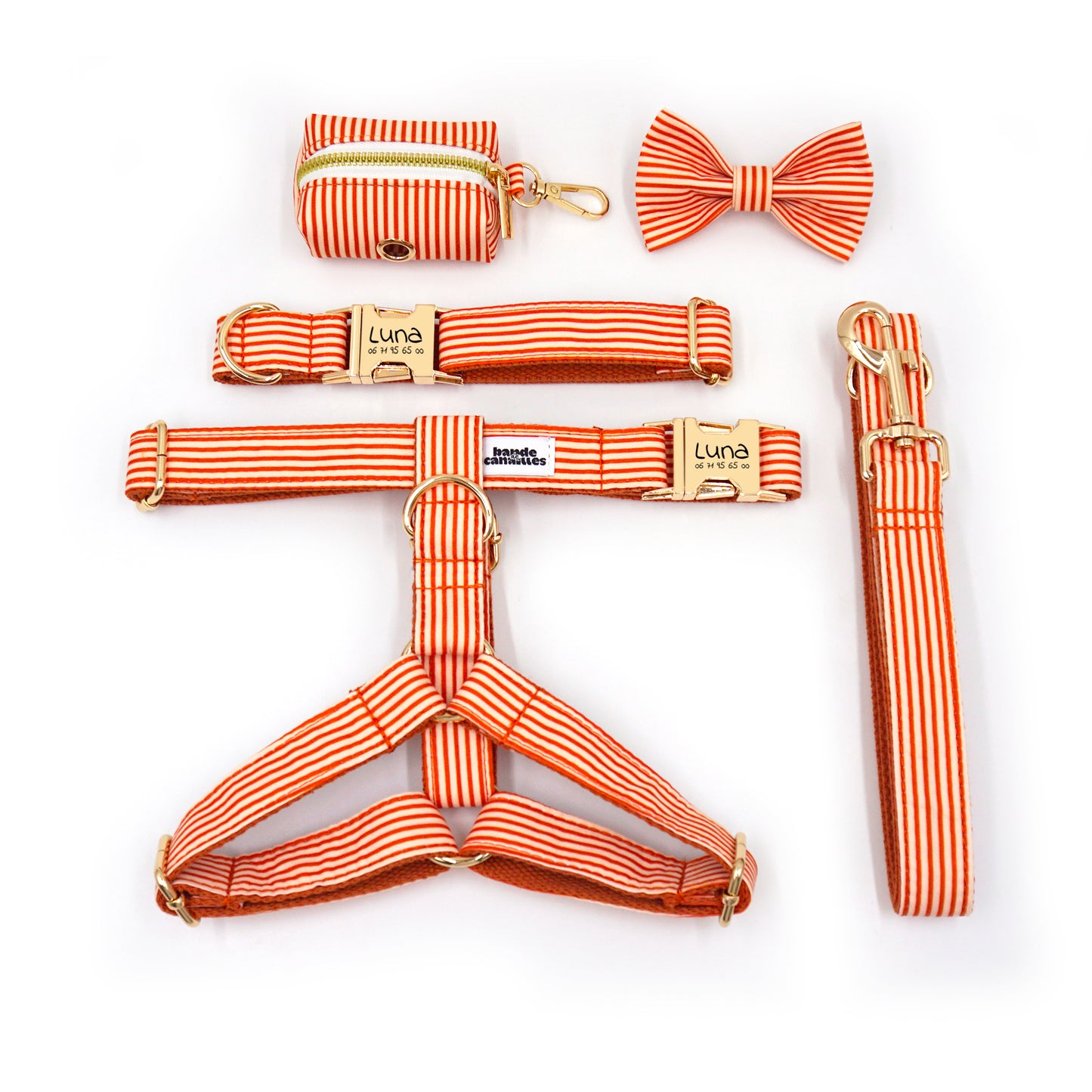 Kit complet pour chien personnalisé à rayures coton orange avec harnais, collier et accessoires.