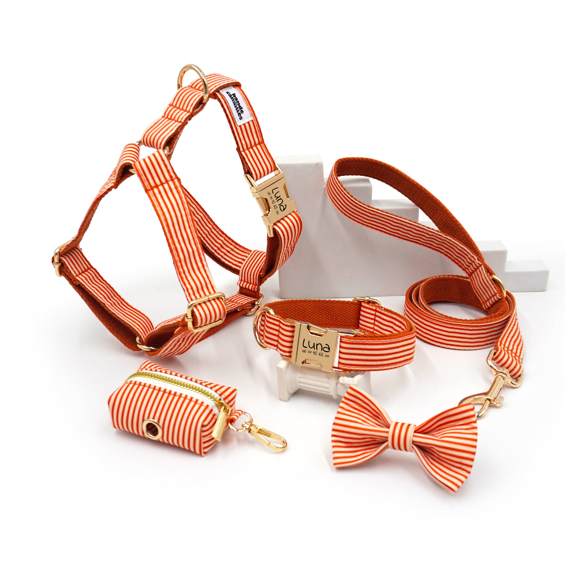 Kit complet pour chien personnalisable, collier et harnais rayés orange avec accessoires en cuivre et nœud papillon assorti.