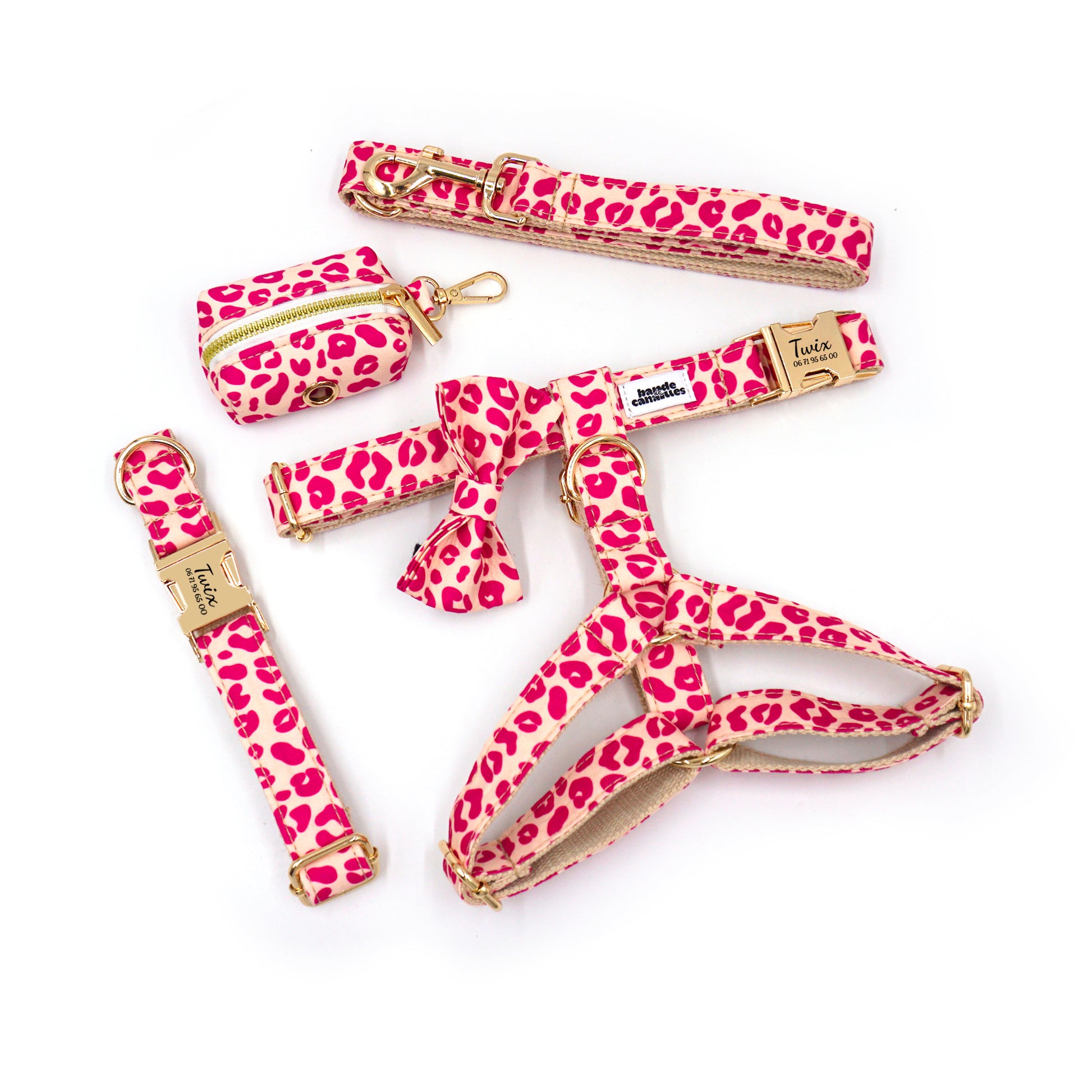 Kit complet chien personnalisÉ coton léopard rose avec harnais, collier, poignée et accessoires assortis.