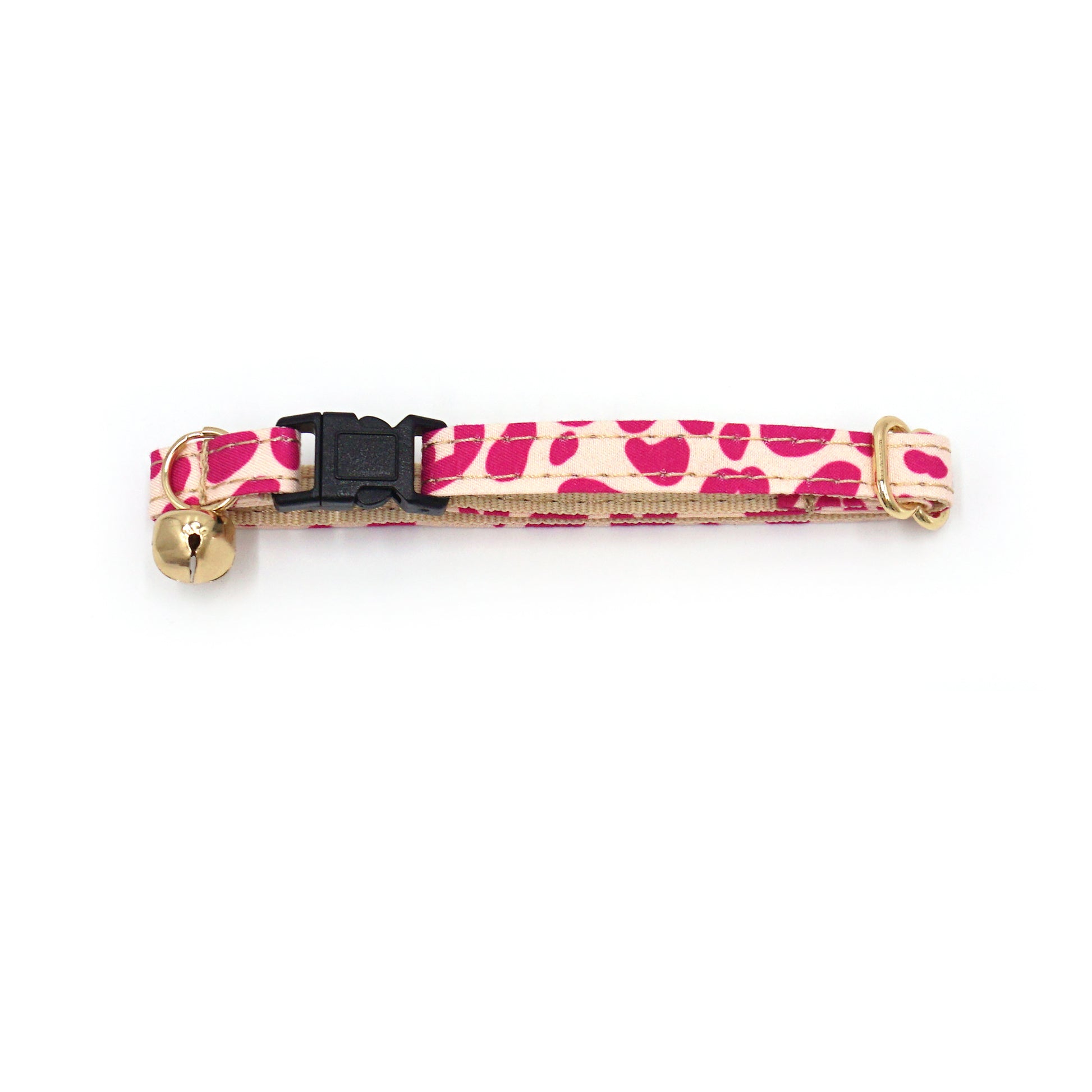Collier chat anti-étranglement en coton à motif léopard rose, avec petit claquement et fermoir noir.
