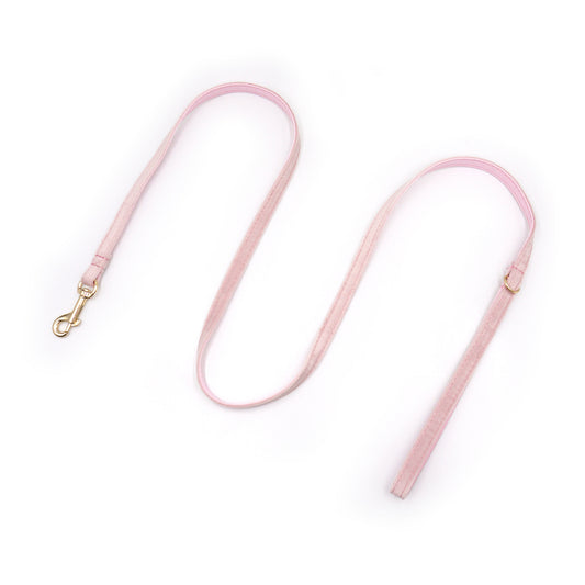 Laisse chat et chaton velours lisse rose avec mousqueton doré et petits anneaux, design doux et élégant.