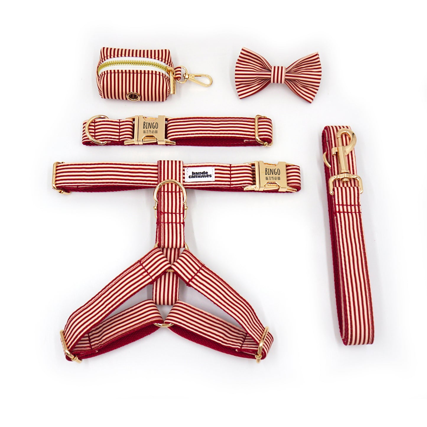 Kit complet chien personnalisé coton rayé Bordeaux: harnais, collier, sangle, nœud papillon assorti et accessoires dorés.