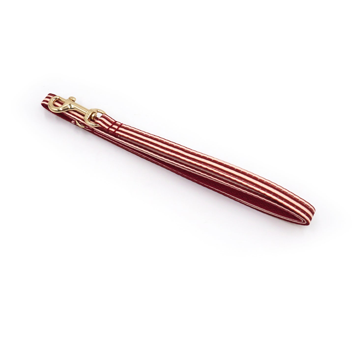 Laisse chat et chaton coton rayé Bordeaux avec mousqueton doré, motif à rayures rouges et crème.