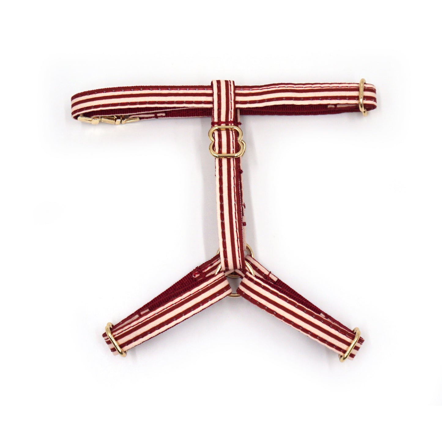 Harnais chat personnalisable coton rayé Bordeaux, motif à bandes rouges et crème avec boucles dorées et ferrures.